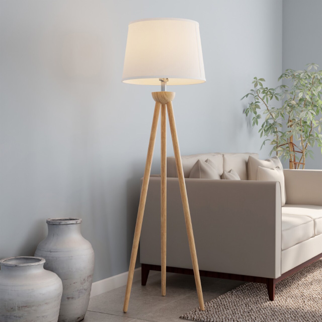 Tripod Floor Lamp Modern Oak Wood White Shade Led Bulb Included 58 Inches